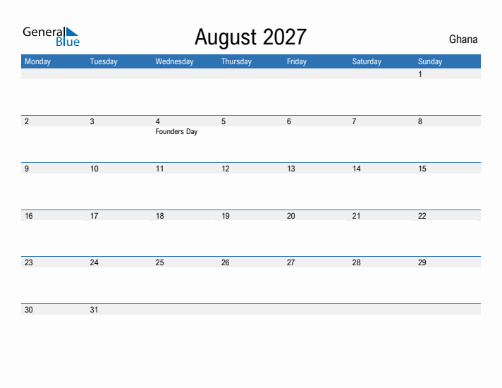 Fillable August 2027 Calendar