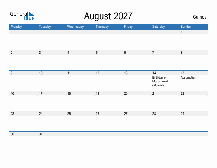 Fillable August 2027 Calendar