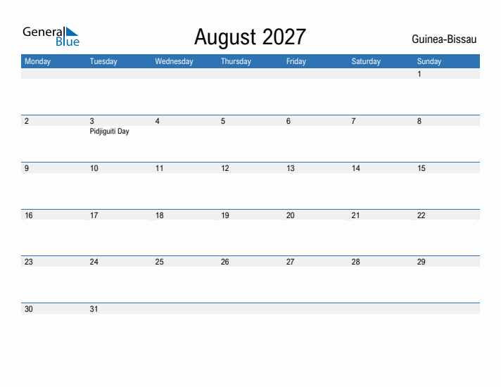 Fillable August 2027 Calendar