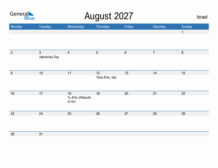 Fillable August 2027 Calendar
