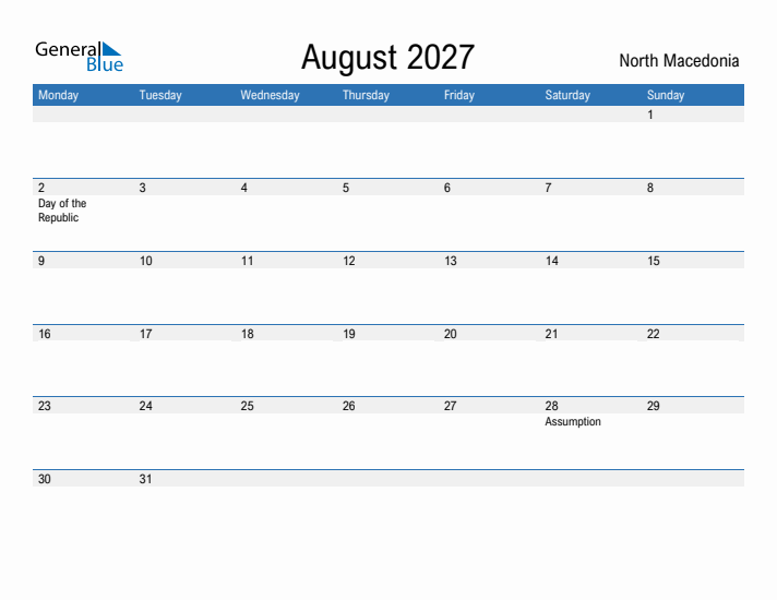 Fillable August 2027 Calendar