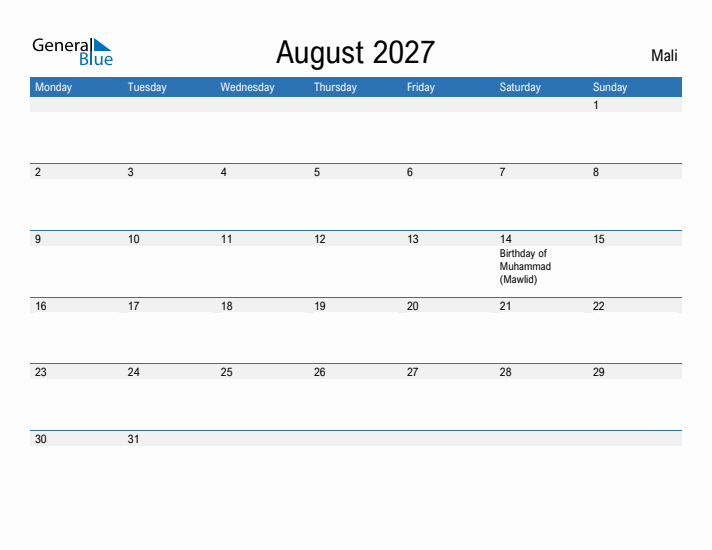 Fillable August 2027 Calendar