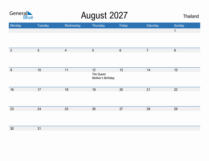Fillable August 2027 Calendar