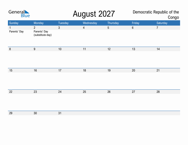 Fillable August 2027 Calendar