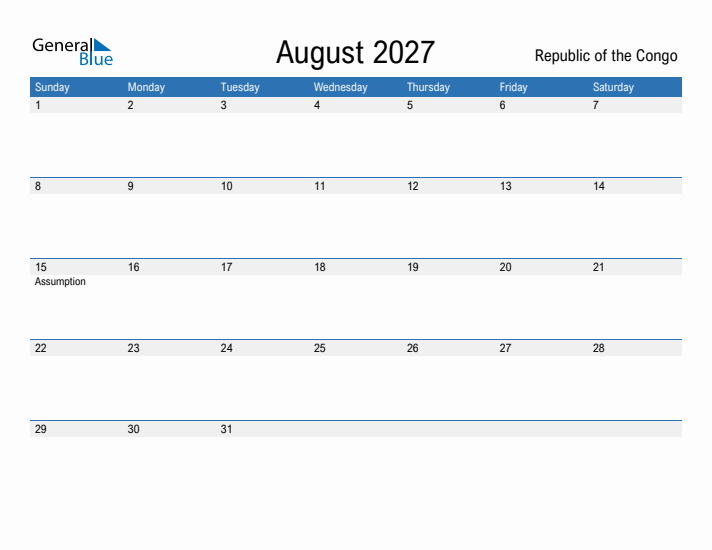 Fillable August 2027 Calendar