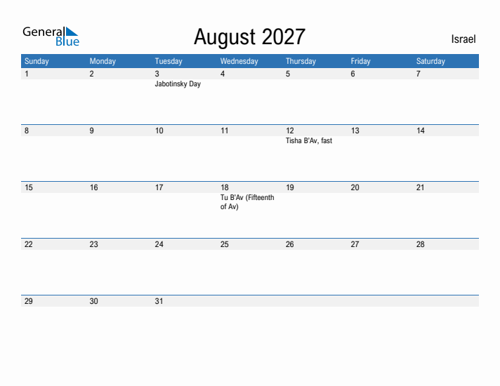 Fillable August 2027 Calendar