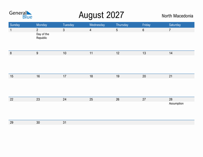 Fillable August 2027 Calendar