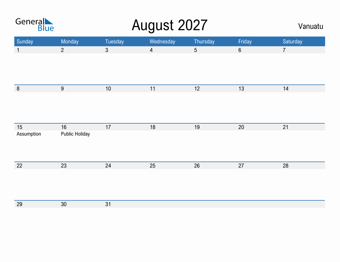 Editable August 2027 Calendar with Vanuatu Holidays