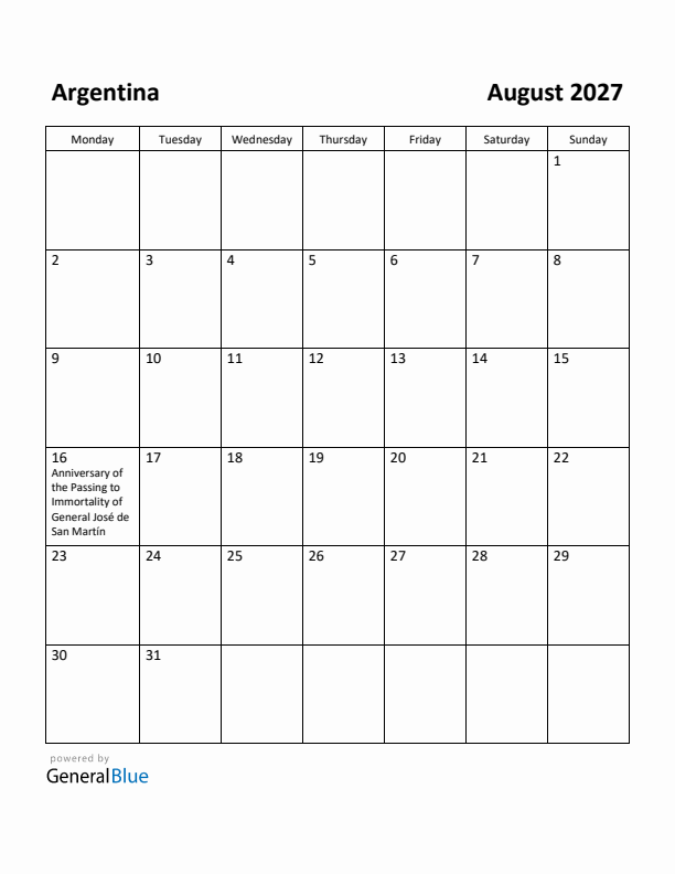 August 2027 Calendar with Argentina Holidays