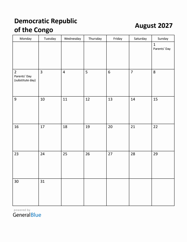 August 2027 Calendar with Democratic Republic of the Congo Holidays