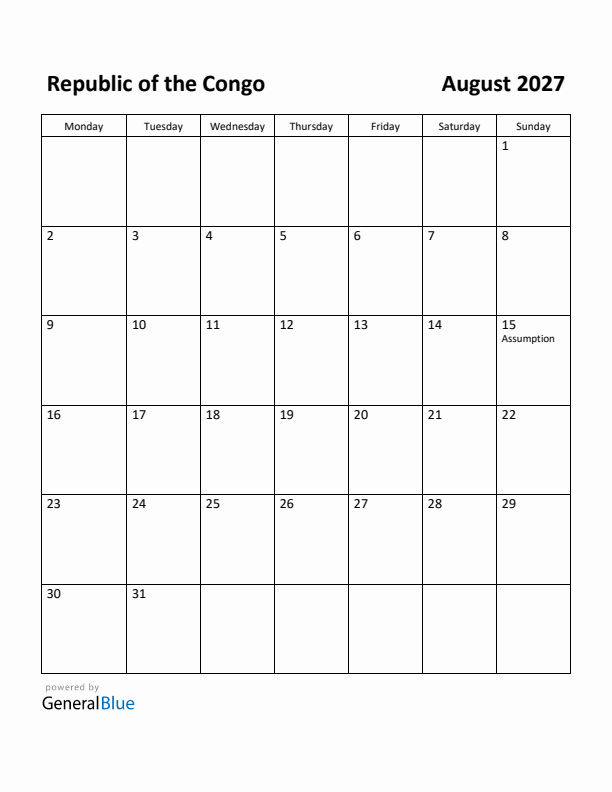 August 2027 Calendar with Republic of the Congo Holidays