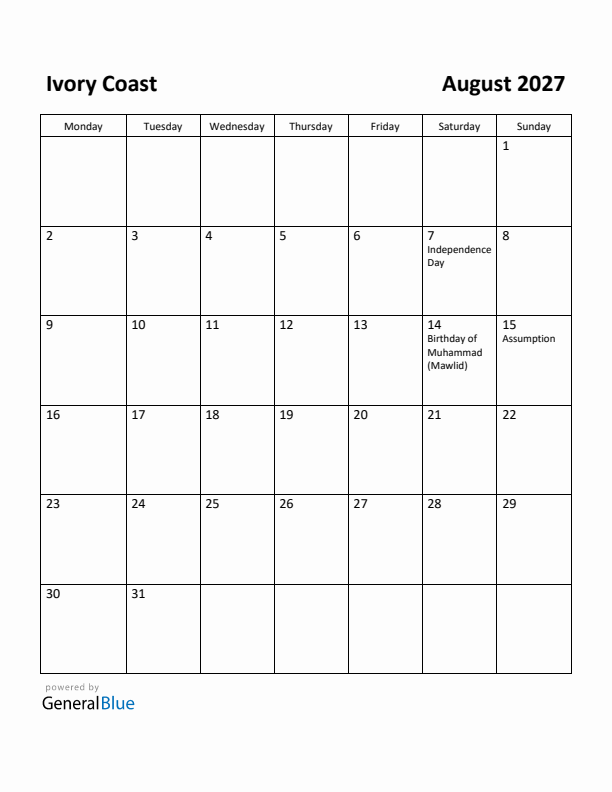 August 2027 Calendar with Ivory Coast Holidays