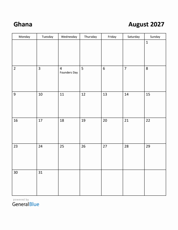 August 2027 Calendar with Ghana Holidays