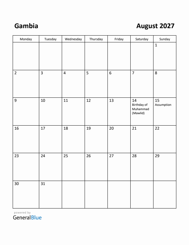 August 2027 Calendar with Gambia Holidays