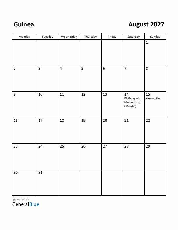 August 2027 Calendar with Guinea Holidays