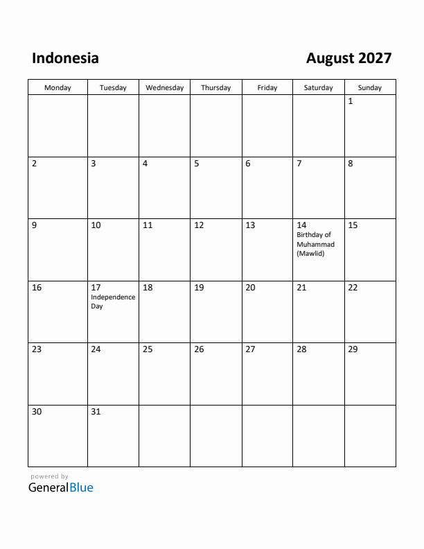 August 2027 Calendar with Indonesia Holidays