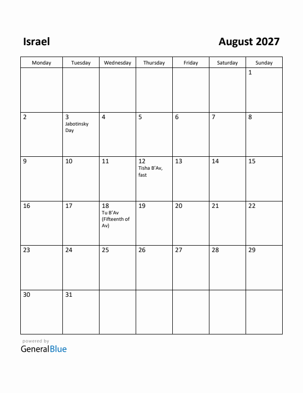 August 2027 Calendar with Israel Holidays