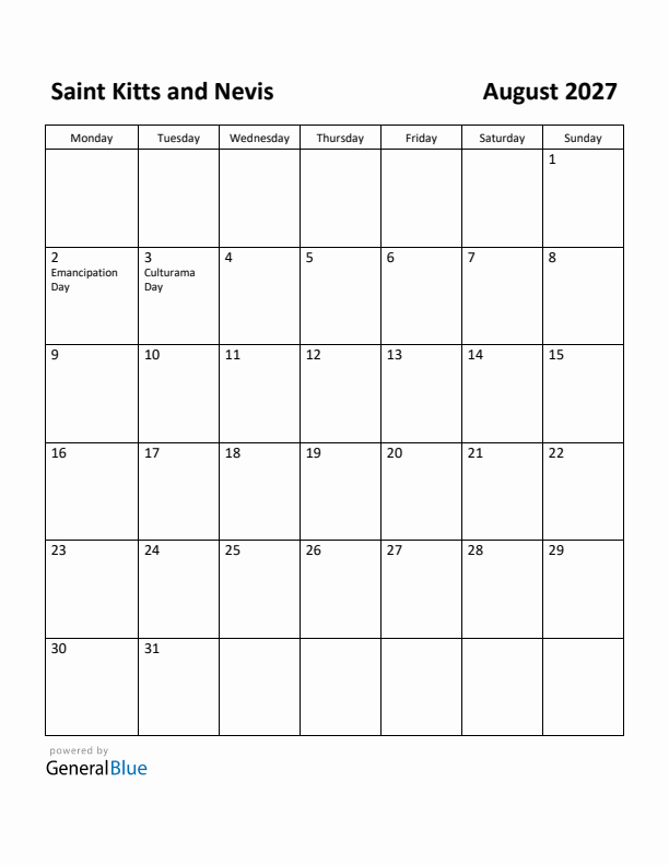 August 2027 Calendar with Saint Kitts and Nevis Holidays