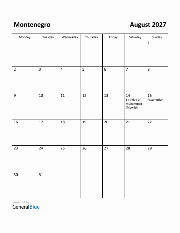 August 2027 Calendar with Montenegro Holidays