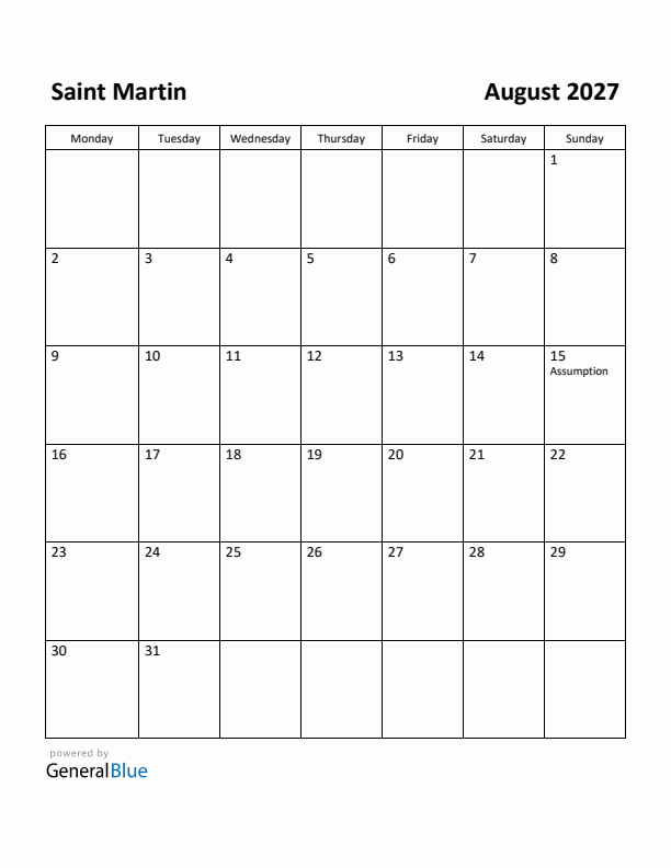 August 2027 Calendar with Saint Martin Holidays