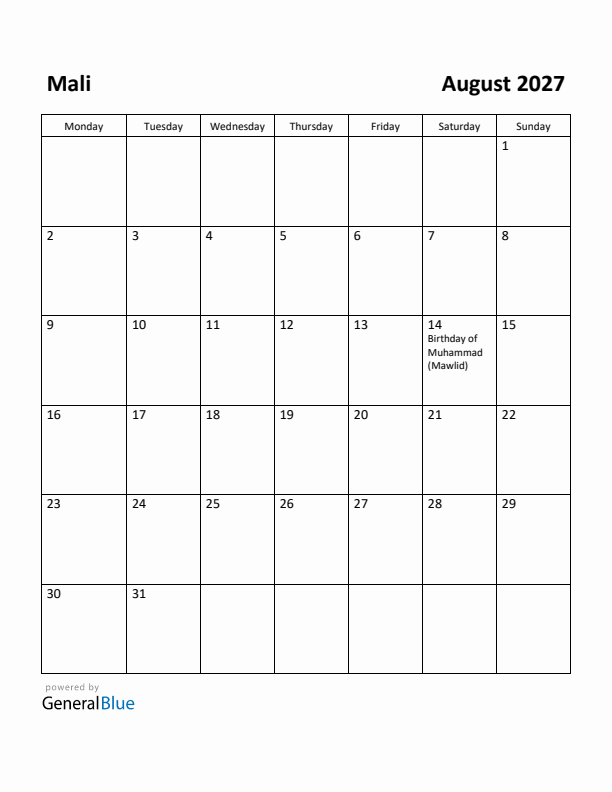 August 2027 Calendar with Mali Holidays