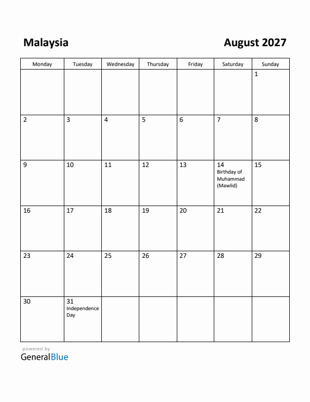 August 2027 Calendar with Malaysia Holidays