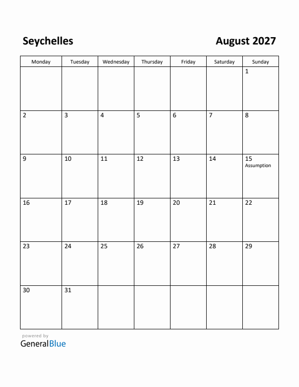 August 2027 Calendar with Seychelles Holidays