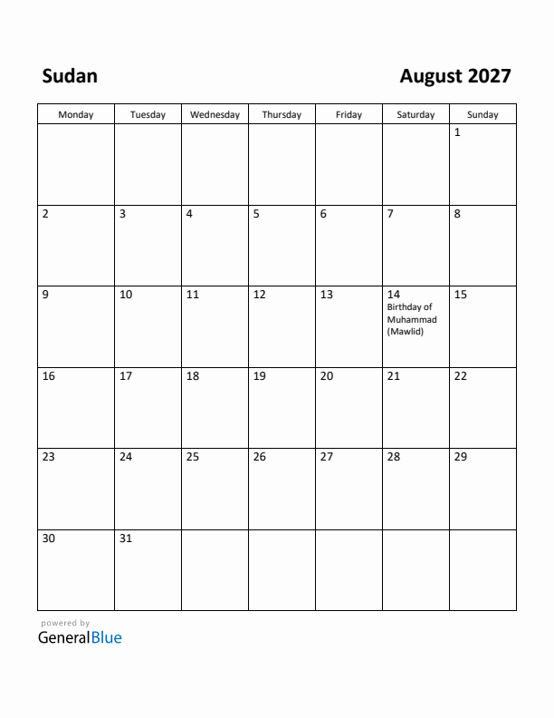 August 2027 Calendar with Sudan Holidays