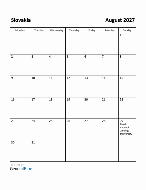 August 2027 Calendar with Slovakia Holidays