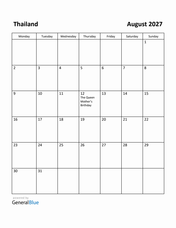 August 2027 Calendar with Thailand Holidays