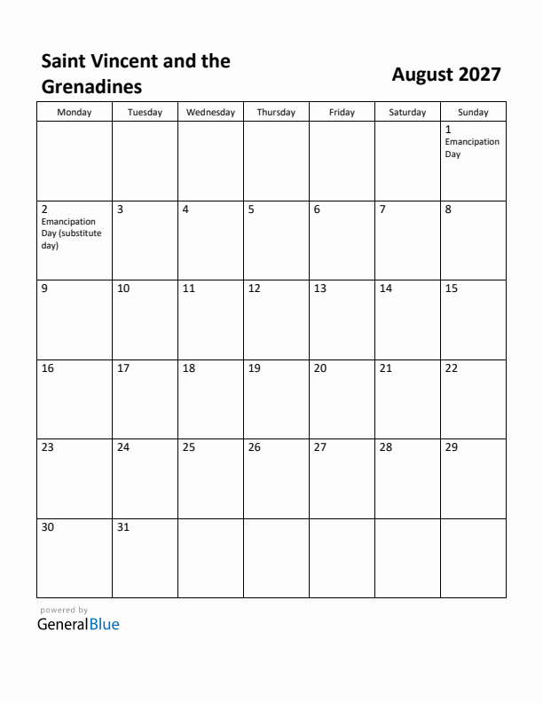 August 2027 Calendar with Saint Vincent and the Grenadines Holidays