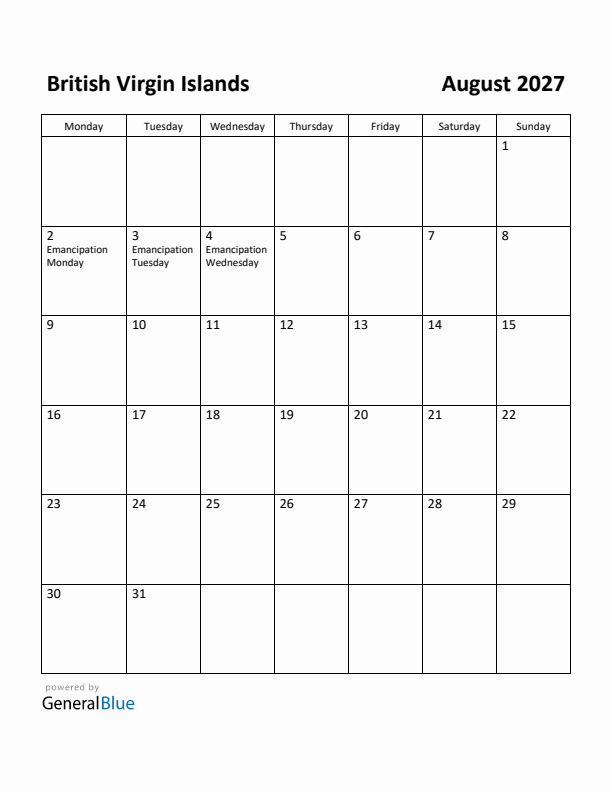 August 2027 Calendar with British Virgin Islands Holidays