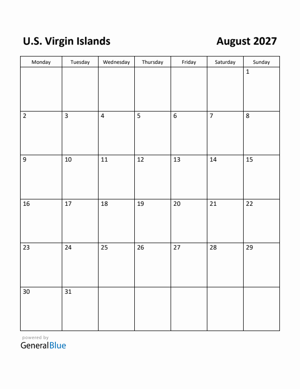 August 2027 Calendar with U.S. Virgin Islands Holidays