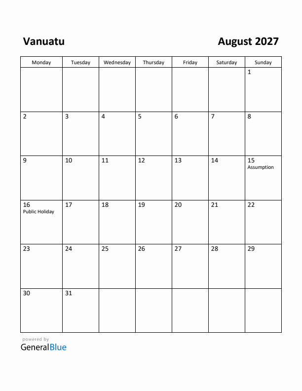 August 2027 Calendar with Vanuatu Holidays