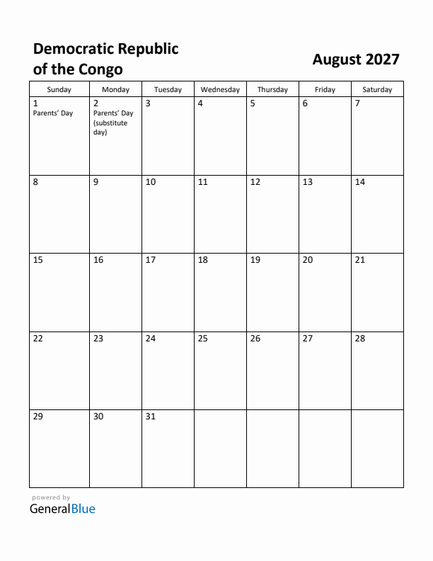August 2027 Calendar with Democratic Republic of the Congo Holidays