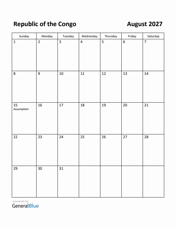 August 2027 Calendar with Republic of the Congo Holidays