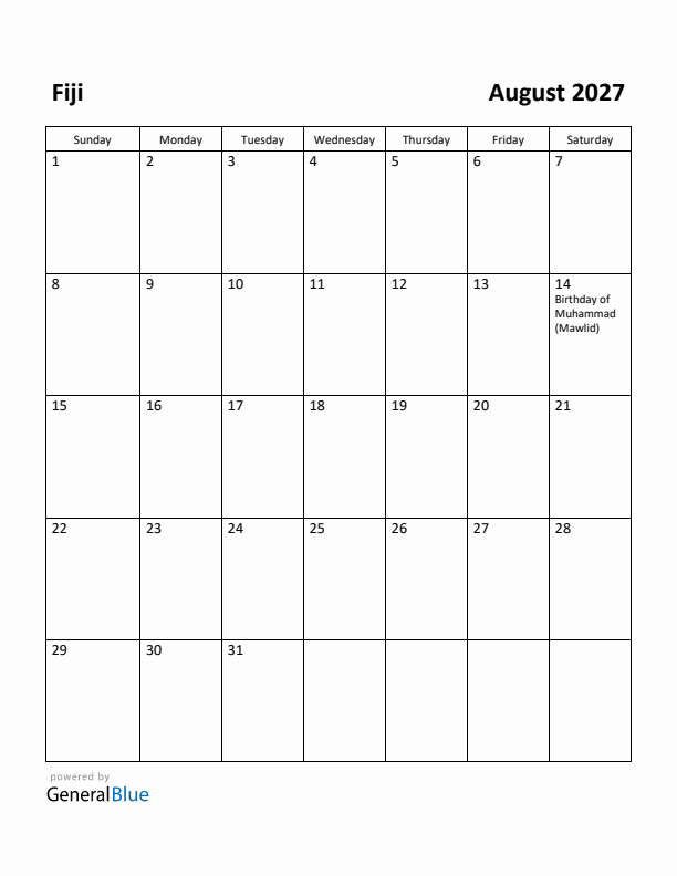 August 2027 Calendar with Fiji Holidays