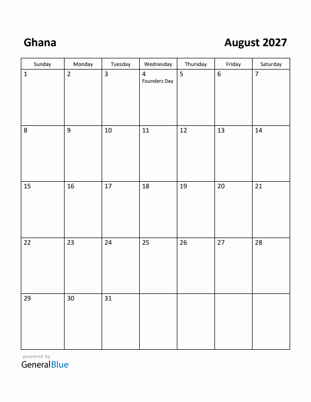 August 2027 Calendar with Ghana Holidays