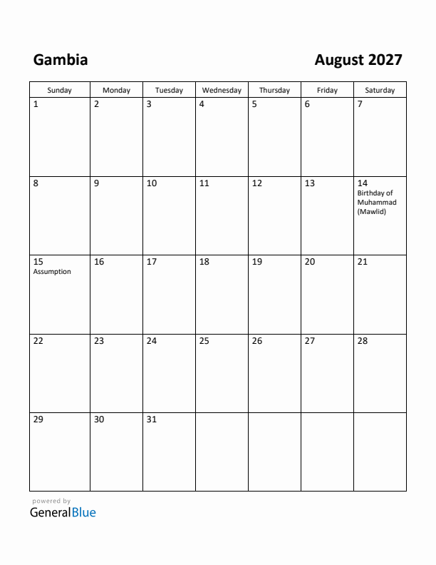 August 2027 Calendar with Gambia Holidays