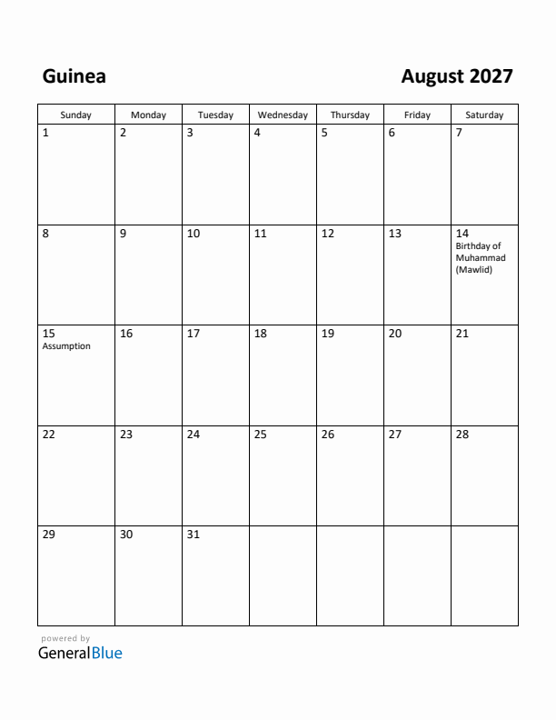 August 2027 Calendar with Guinea Holidays