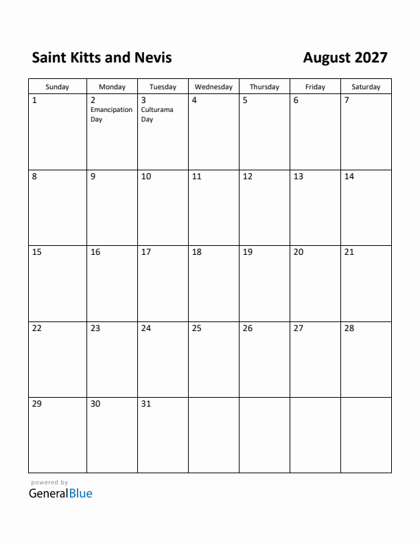 August 2027 Calendar with Saint Kitts and Nevis Holidays