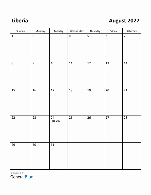 August 2027 Calendar with Liberia Holidays