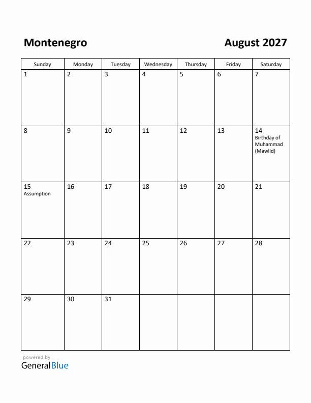 August 2027 Calendar with Montenegro Holidays