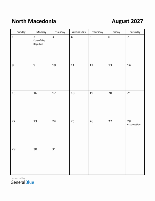 August 2027 Calendar with North Macedonia Holidays