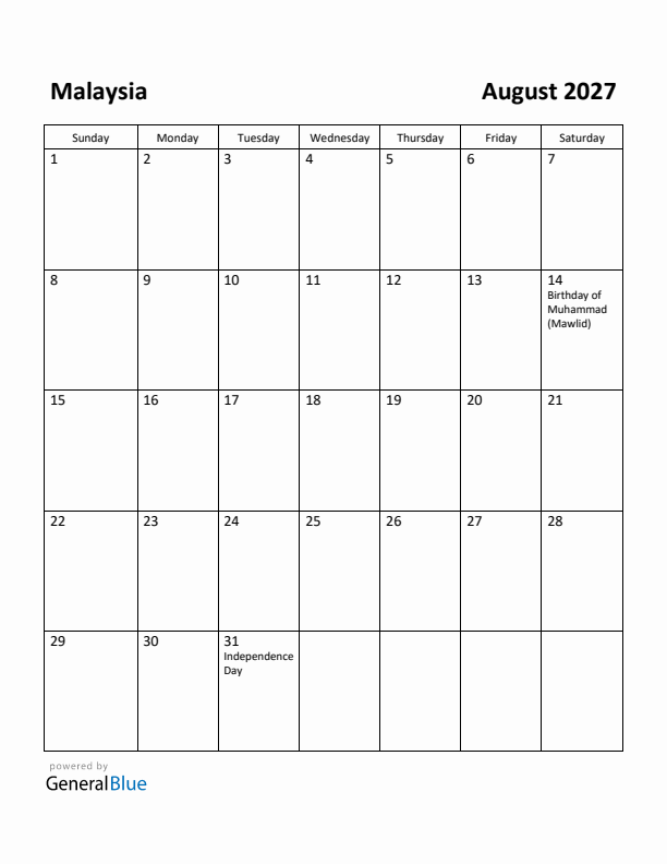 August 2027 Calendar with Malaysia Holidays