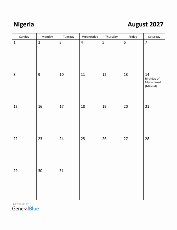 August 2027 Calendar with Nigeria Holidays
