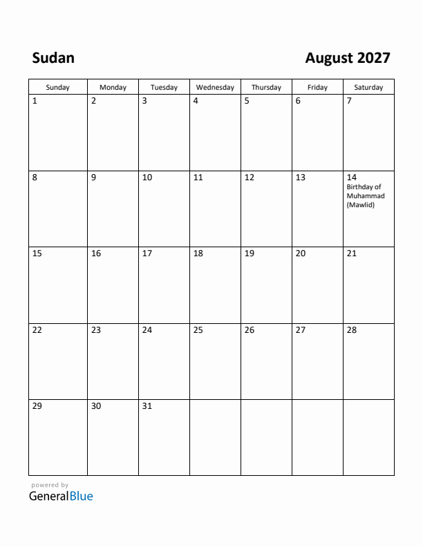 August 2027 Calendar with Sudan Holidays
