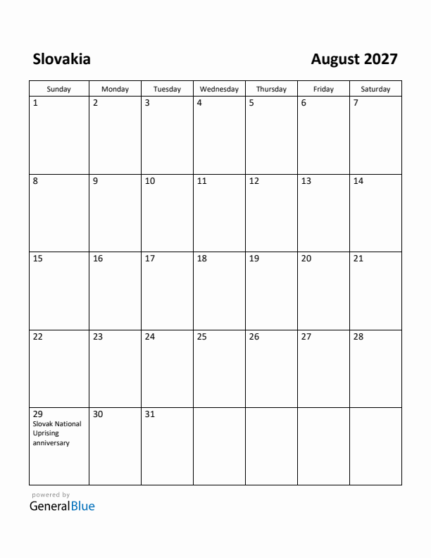 August 2027 Calendar with Slovakia Holidays