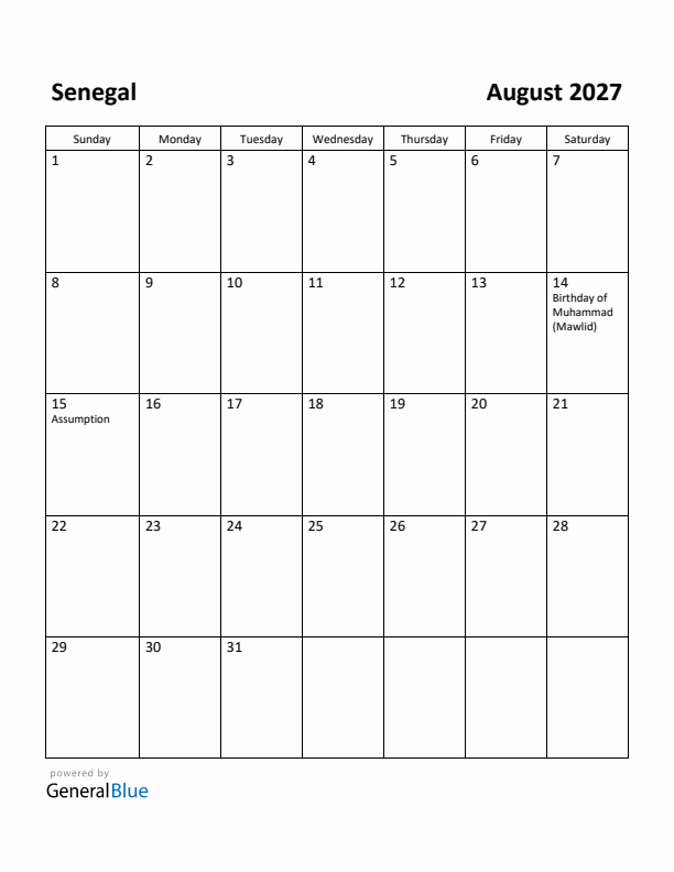 August 2027 Calendar with Senegal Holidays