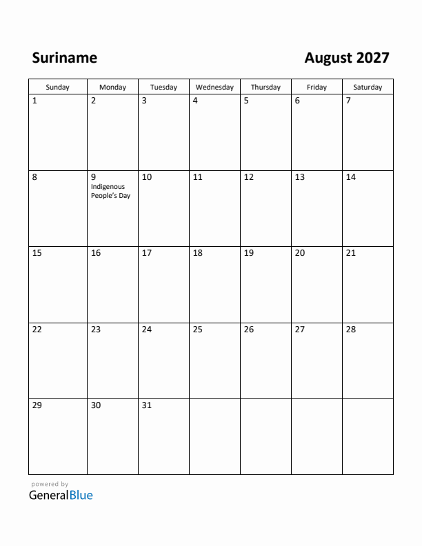 August 2027 Calendar with Suriname Holidays